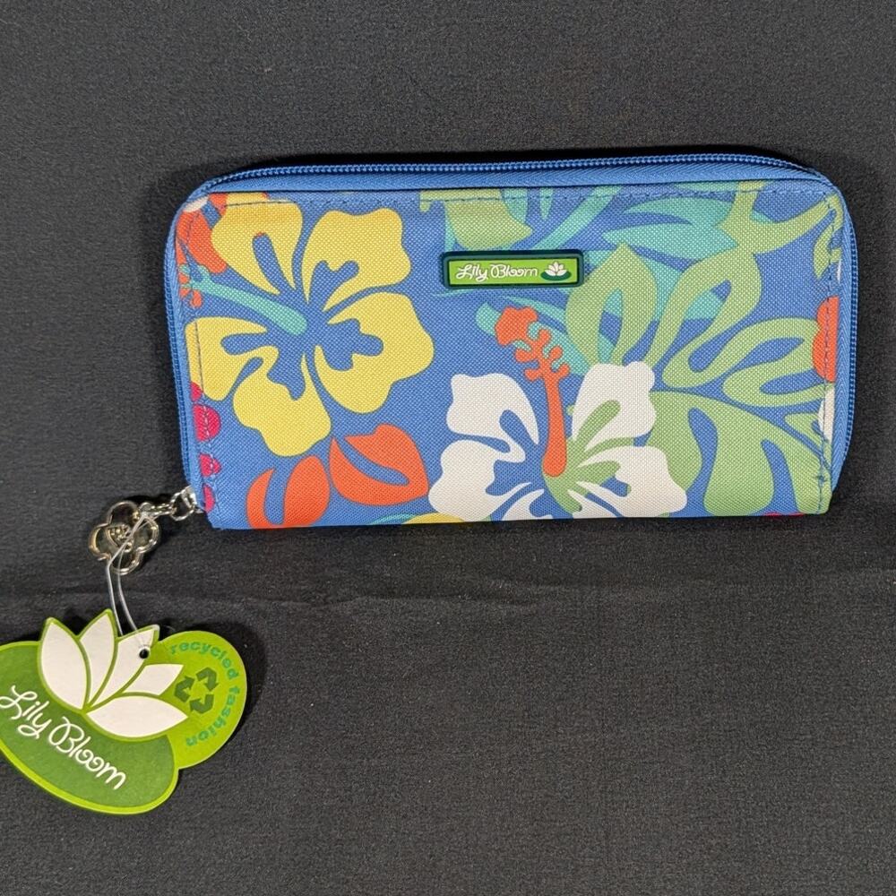 Lily Bloom Tropical Floral Zip Around Wallet Blue Hibiscus RFID Vegan NWT
